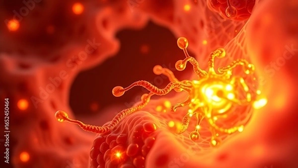 Fototapeta Cellular-level artistic rendering of mitochondria glowing with healing energy powering regeneration within human tissue