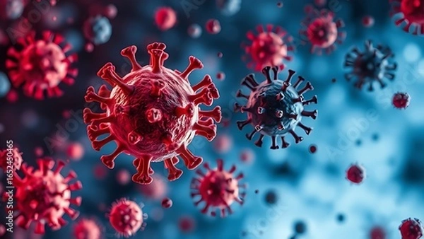 Fototapeta Abstract microscopic view of viral particles attacking cellular structures in fiery red and cool blue contrast.