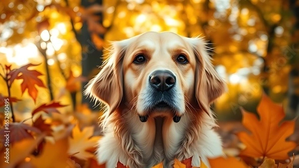 Fototapeta Golden retriever surrounded by autumn leaves, close-up portrait with warm sunlight filtering through trees.