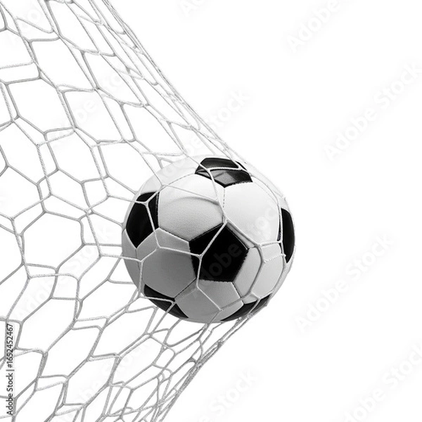 Obraz Football or soccer ball hits the net and makes a goal on transparent background PNG generative AI