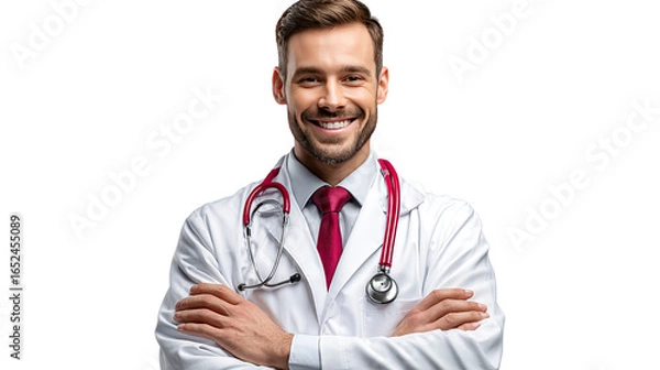 Fototapeta The Doctor's Confidence: A well-groomed doctor, beaming with professionalism and genuine empathy, looks directly at the viewer, radiating trust and warmth, in this striking portrait.