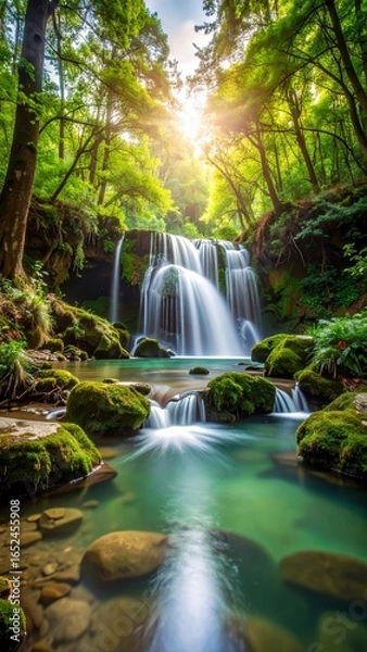 Obraz Sunlit cascade, gentle waterfall flowing among mossy rocks in verdant forest