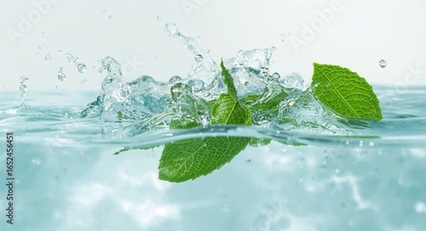 Obraz Fresh Mint Leaves Splashing into Water, Creating a Refreshing and Invigorating Scene.