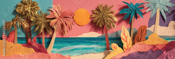 Fototapeta Panorama view of retro tropical beach with collage art abstract background. Generative ai.