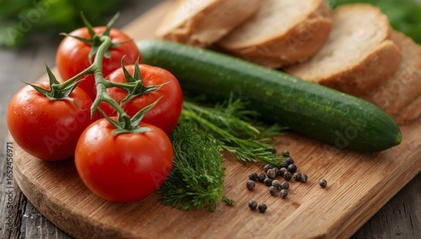 Obraz Fresh vegetables and bread on a wooden board, ready for preparing a healthy meal.