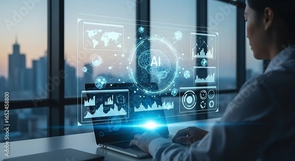 Fototapeta Businesswoman Working with AI Holographic Interface on Laptop in City Office