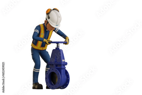 Fototapeta Industrial worker operating gate valve on transparent background
