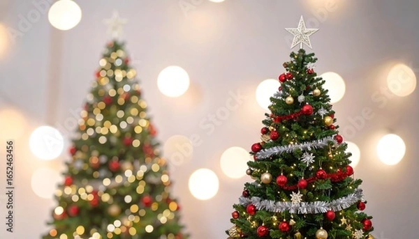 Fototapeta Two beautifully decorated christmas trees stand out against a soft, out-of-focus background of warm holiday lights.