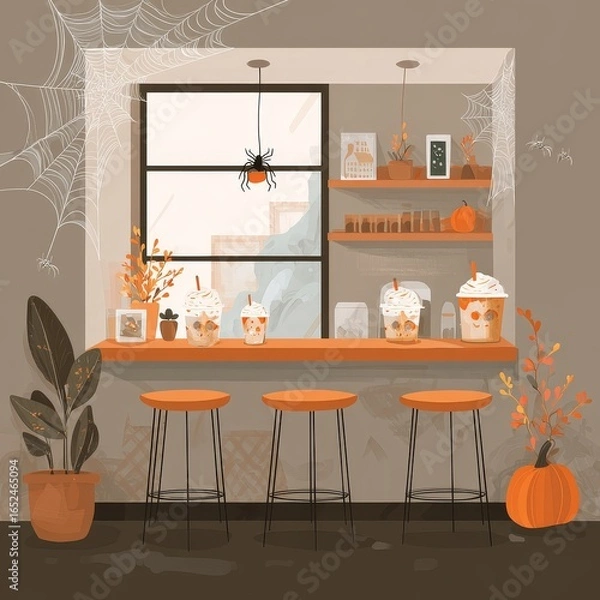 Fototapeta Halloween Pumpkin Spice Drinks in a Cozy Cafe with Cobweb Decorations and Spiderwebs