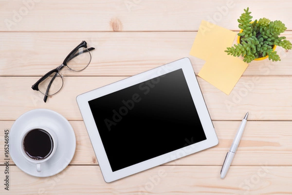 Fototapeta Tablet header image. Office stuff, workplace, top view