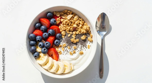 Fototapeta Healthy Breakfast: A Vibrant and Nutritious Bowl with Yogurt, Granola, and Fresh Fruit.