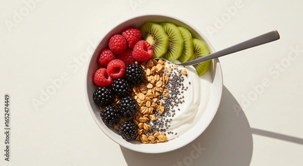 Fototapeta Healthy Breakfast: A Vibrant and Nutritious Bowl with Yogurt, Granola, and Fresh Fruit.
