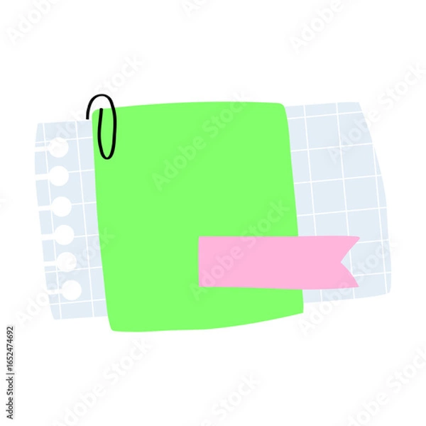 Fototapeta Green sticky note with paper clip and page marker, notebook sheet. Perfect for planners, reminders, scrapbooking, and school designs.  