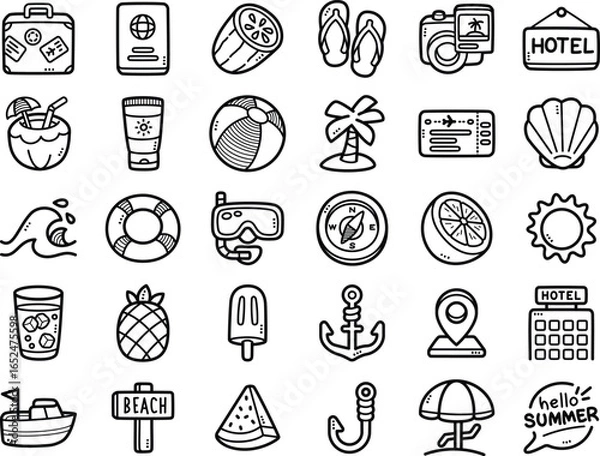 Fototapeta Summer time hand-drawn doodle art illustrations and elements - such as sun, speedboat, travel luggage and snorkel gear.