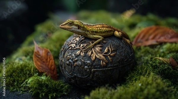 Fototapeta A small golden-scaled lizard resting on a handcrafted stone orb with intricate natural patterns, surrounded by soft moss and dew-kissed leaves.