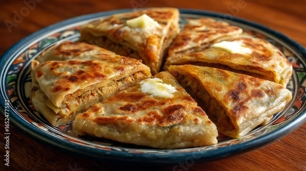Fototapeta A stuffed paratha with samosa filling cut into wedges, served on a ceramic plate with butter melting on top.