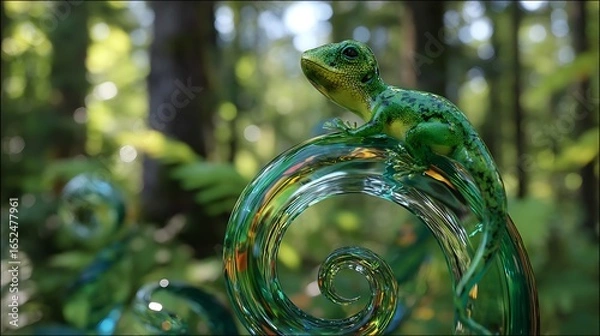 Fototapeta A vibrant emerald lizard perched on a glass sculpture shaped like a twisting spiral, reflecting sunlight through vivid refracted colors, in a lush forest clearing.