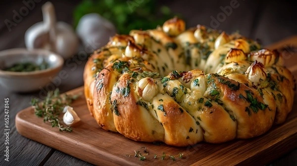 Fototapeta A unique braided bread shaped into a hollow ring, filled with fresh herbs and baked garlic cloves in the center.