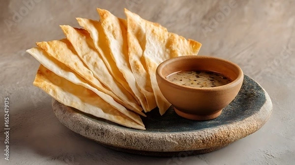Fototapeta Crisp maida flour lavash crackers arranged in a fan shape on a stone plate, paired with a dip in a small clay bowl