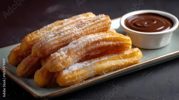 Fototapeta Golden crispy maida flour churros arranged neatly on a long rectangular plate, sprinkled with sugar, with a side of chocolate sauce.