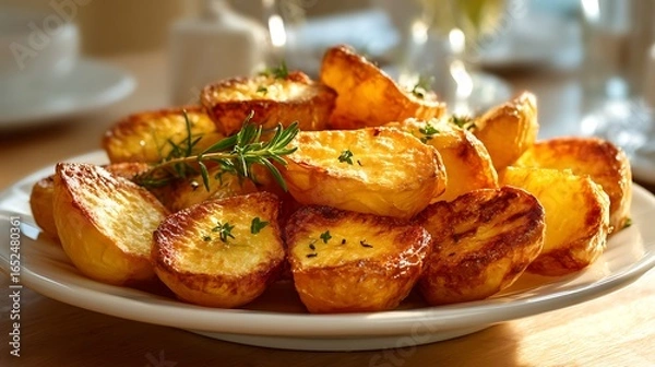 Fototapeta Golden roasted potato halves arranged neatly on a round white plate, light reflecting off their crispy surface in a sunlit dining room.