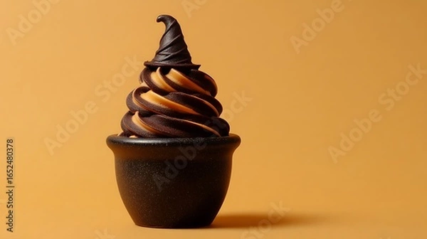 Fototapeta Halloween-inspired ice cream cup in matte black ceramic, filled with swirled dark cocoa and pumpkin spice, topped with chocolate witch hat, on a solid muted gold background.