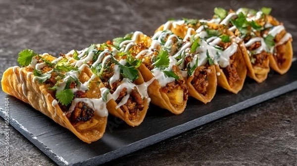 Fototapeta Mini tacos filled with samosa-style stuffing, topped with yogurt drizzle and coriander leaves, arranged on a rectangular slate plate.