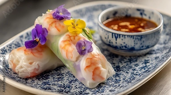 Fototapeta Professional kitchen countertop scene featuring shrimp spring rolls wrapped in translucent rice paper