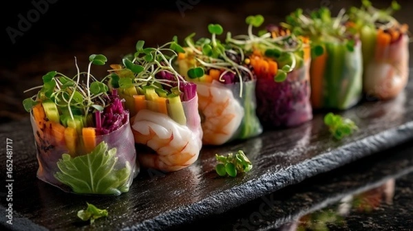 Fototapeta A crystal-clear rice paper shrimp spring rolls filled with rainbow-hued vegetables and sprinkled with microgreens, arranged in a geometric pattern on a glossy stone slab