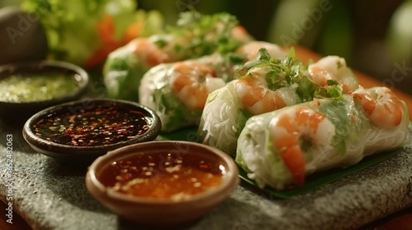 Fototapeta A shrimp spring rolls being placed on a stone plate, each roll showcasing layered herbs, rice noodles, and shrimp, with dipping sauces arranged neatly beside them.
