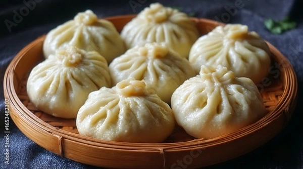 Fototapeta Soft and fluffy steamed maida flour momos, perfectly arranged in a circular bamboo plate, with each fold and steam texture clearly visible.