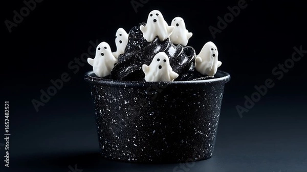 Fototapeta Spooky yet elegant ice cream cup with silver-speckled chocolate coating, crowned with mini marzipan ghosts, against a solid jet-black background.