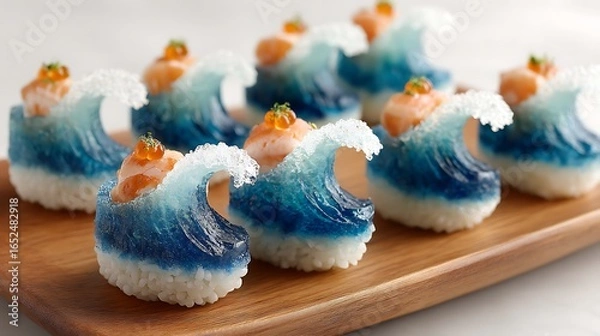 Fototapeta Sushi shaped into miniature ocean waves, with blue-tinted rice and thinly sliced fish cresting over like foam.