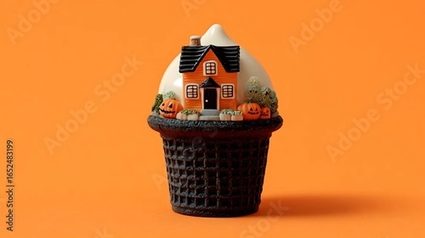 Fototapeta A ice cream cup crafted from black cocoa waffle, topped with a miniature haunted pumpkin house made of sugar and fondant, resting on a solid deep orange background.