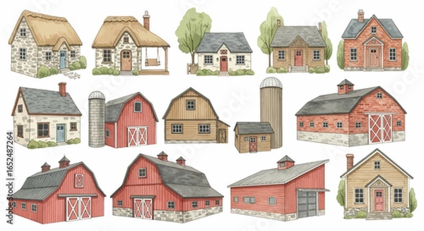 Fototapeta Vector Icons Set of Charming Watercolor Collection of Rustic Farmhouses Cottages and Barns. Vector Illustrations. EPS Editable