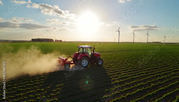 Fototapeta Tractor plowing a green field with windmills under the beautiful sunset, promoting sustainable farming