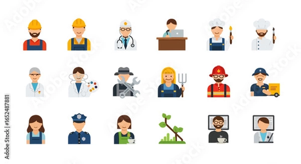 Fototapeta Vector Icons Set of Colorful Flat Design Icon Set of Diverse Professional Avatars and Careers. Vector Illustrations. EPS Editable