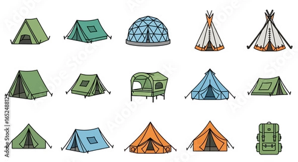 Fototapeta Vector Icons Set of Colorful Illustrated Guide to Camping Tents from Tipi to Dome. Vector Illustrations. EPS Editable