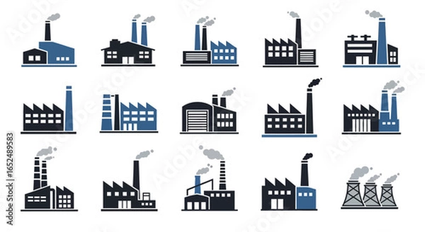 Fototapeta Vector Icons Set of Diverse Collection of Blue and Black Industrial Factory and Power Plant Icons in a Flat Design. Vector Illustrations. EPS Editable