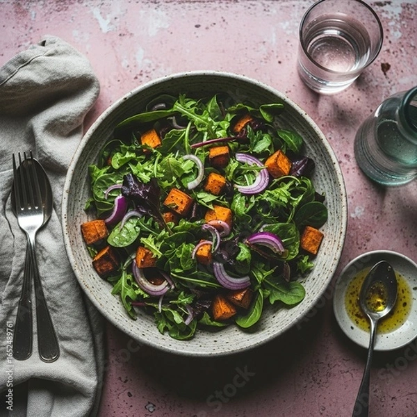 Obraz Fresh and vibrant roasted vegetable salad with greens and red onion