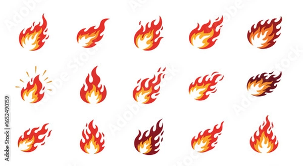 Fototapeta Vector Icons Set of Dynamic Set of Stylized Fire Icons Red and Orange Flame and Fireball Logo Elements. Vector Illustrations. EPS Editable