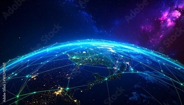 Fototapeta Global network connections illuminated across the earth's surface, showcasing international communication and transportation routes.