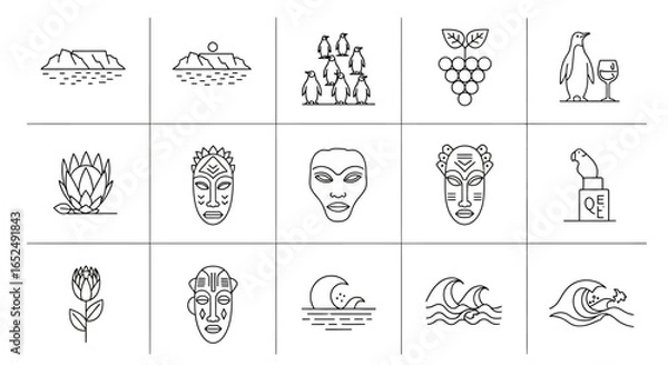 Fototapeta Vector Icons Set of Journey to South Africa A Minimalist Icon Set of Its Culture and Nature. Vector Illustrations. EPS Editable
