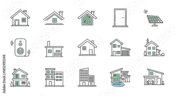 Fototapeta Vector Icons Set of Modern Real Estate and Smart Home Line Icons with Green Color Accents. Vector Illustrations. EPS Editable