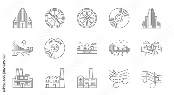 Fototapeta Vector Icons Set of Motor City Legacy A Collection of DetroitThemed Minimalist Line Art Icons. Vector Illustrations. EPS Editable