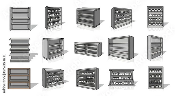 Fototapeta Vector Icons Set of Versatile Collection of Illustrated Retail Shelves Empty and Stocked with Products. Vector Illustrations. EPS Editable
