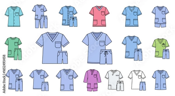 Fototapeta Vector Icons Set of Vibrant Assortment of Medical Scrub Uniforms in Diverse Styles and Colors Flat Icon Set. Vector Illustrations. EPS Editable