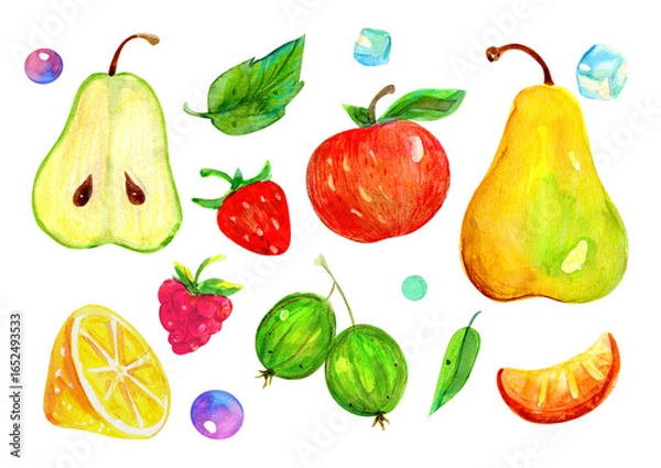 Obraz Set of watercolor illustrations with fresh fruits: pears, apple, raspberry, lemon, mandarin, lemon, gooseberry and ice cubes. Transparent background. PNG.