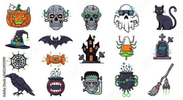 Fototapeta Vector Icons Set of Vibrant Cyberpunk Halloween Icons Robotic Skulls Glitch Ghost and Tech Treats. Vector Illustrations. EPS Editable