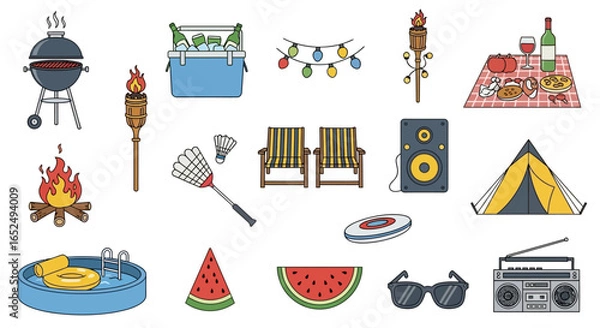 Fototapeta Vector Icons Set of Vibrant Doodle Icon Set of Summer Backyard Party and Camping Essentials. Vector Illustrations. EPS Editable